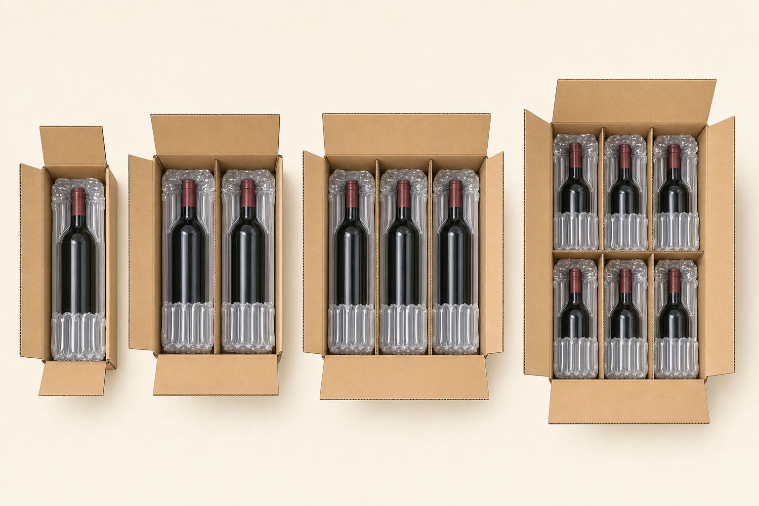Fit diagram: a single-bottle kraft box, a two-bottle box, a three-bottle box and a six-bottle box, each holding wine bottles wrapped in clear air-cushion sleeves seated in their own compartments