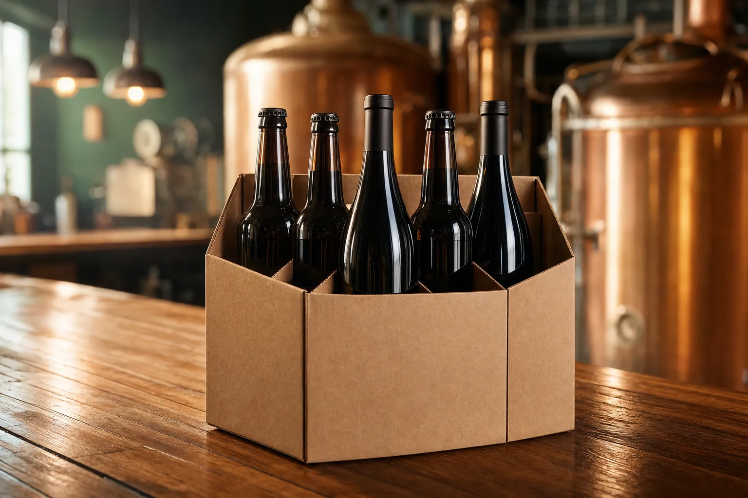 A sturdy kraft cardboard carrier box holding six bottles on a wooden counter in a brewery