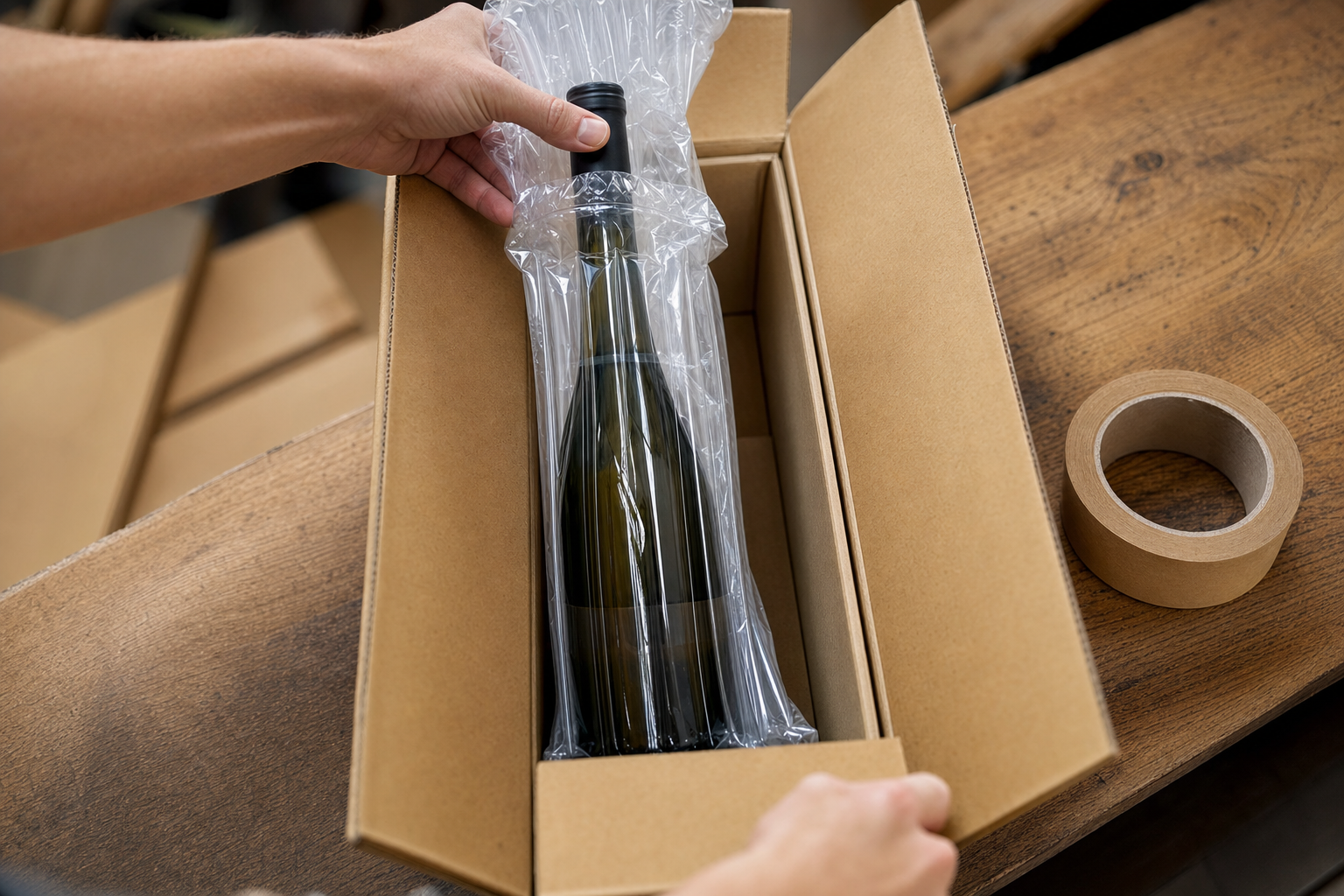 First-hand drop test: a 75cl wine bottle in an inflated 100µm air-cushion sleeve seated inside a double-walled kraft single-bottle box, with the parcel shown dropping corner-first onto a hard floor