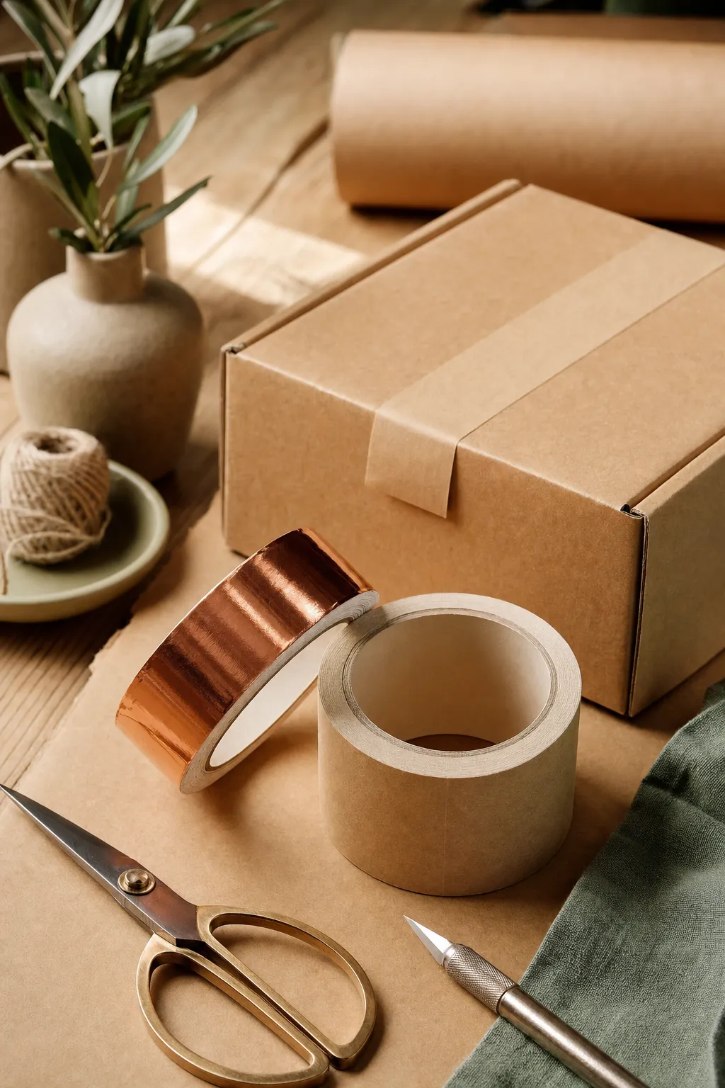A roll of copper foil tape beside a roll of natural kraft paper tape and a sealed kraft box