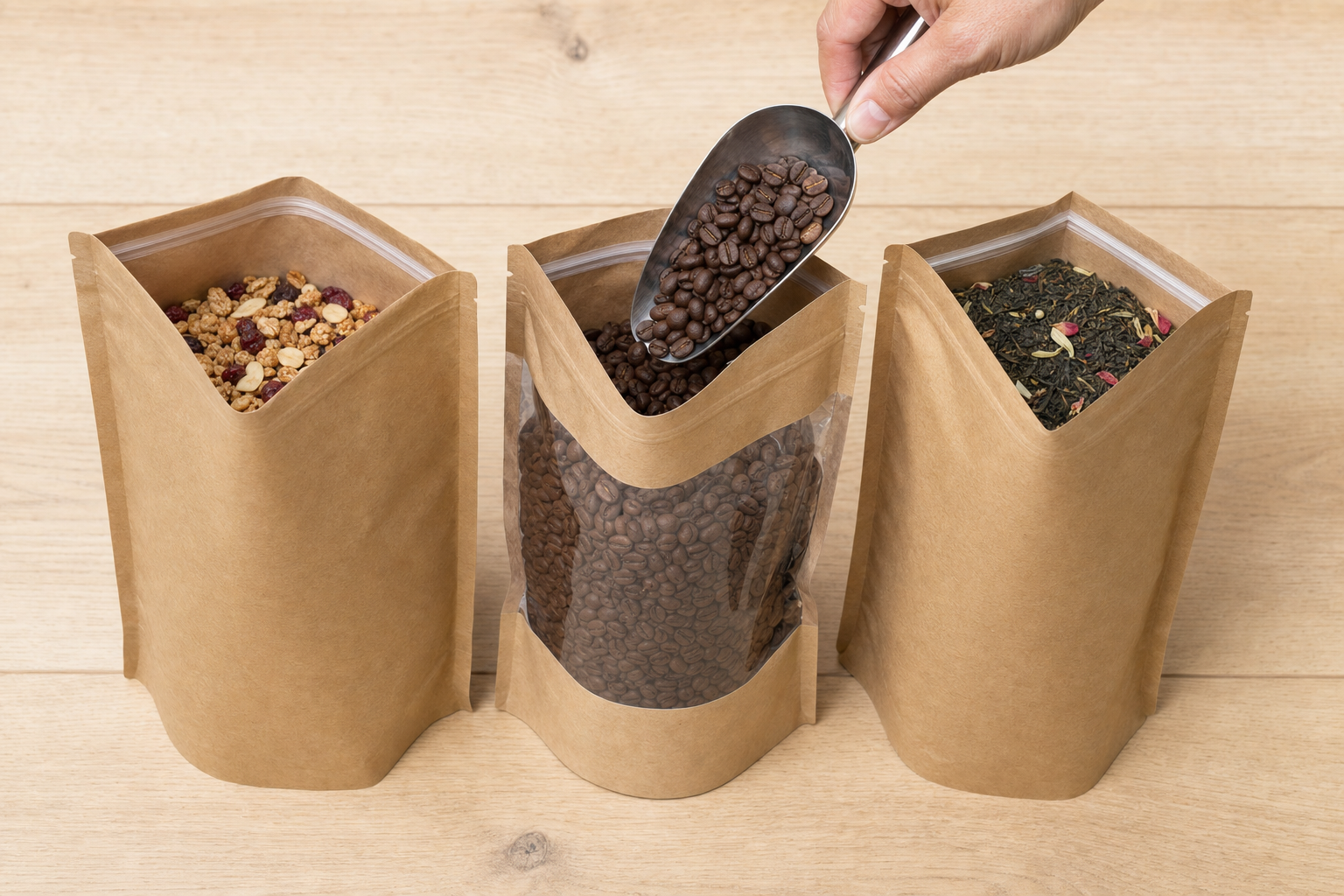 Three kraft stand-up food pouches being filled — granola in one, coffee beans scooped into a windowed centre pouch, and loose-leaf tea in the third — showing how fill weight relates to pouch size