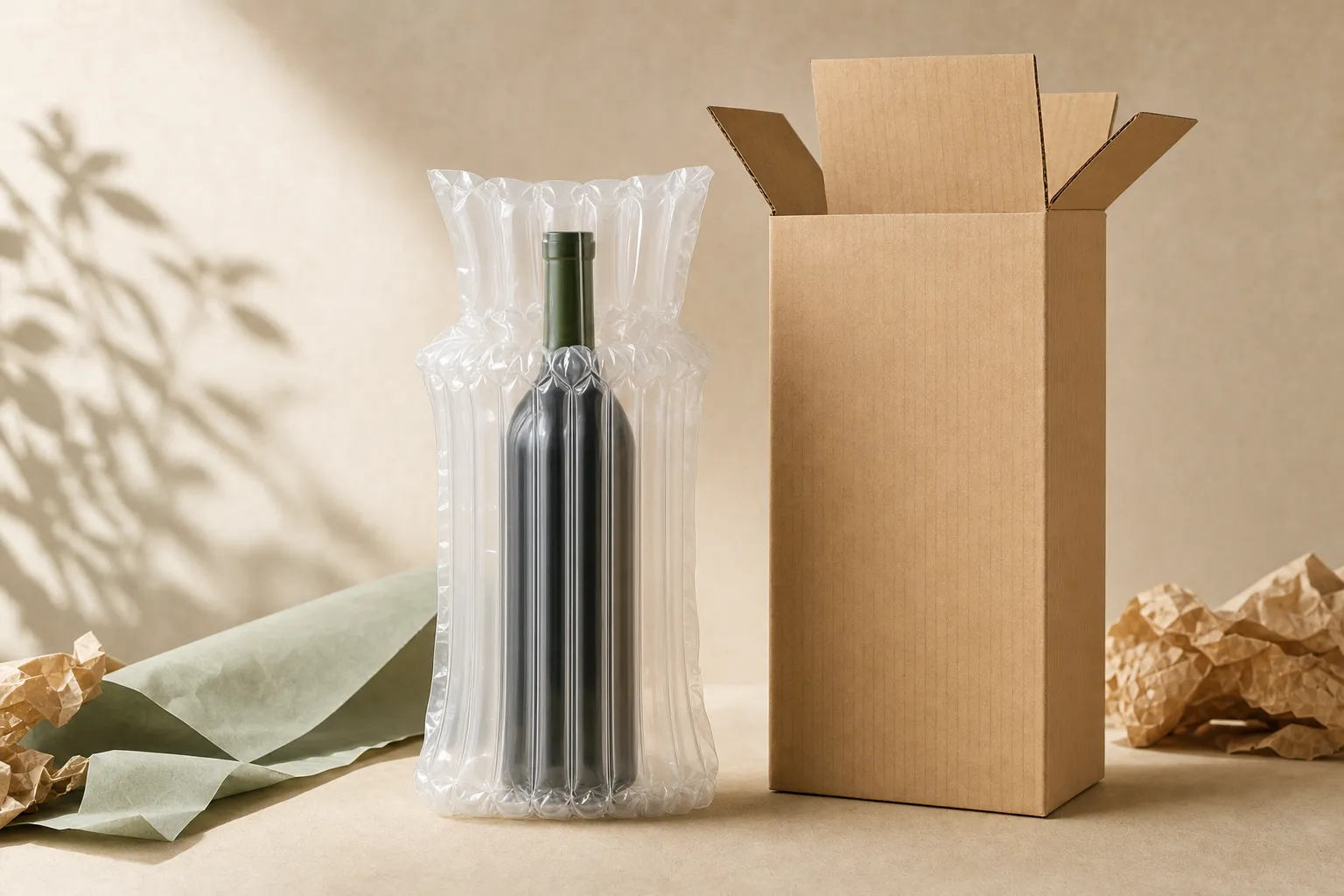 A dark wine bottle wrapped in a clear inflatable air-cushion protective sleeve beside an open kraft single-bottle shipping box