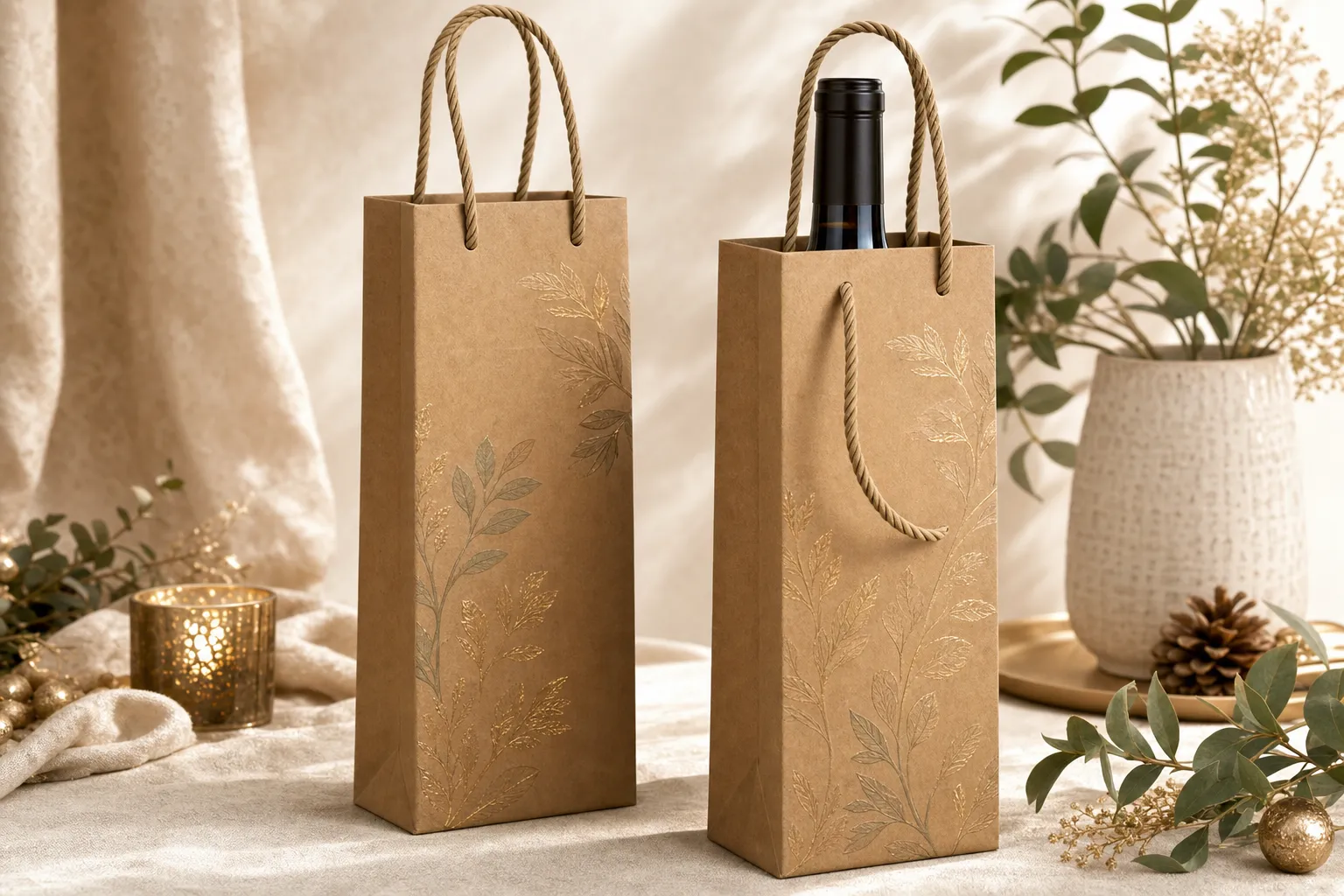 Two premium printed wine gift bags with rope handles, one holding a wine bottle